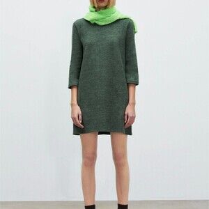 Zara Mock Neck Knit 3/4 Sleeve Soft Sweater Dress Green Size Small